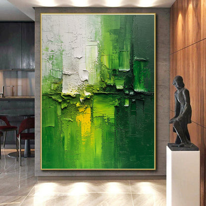 Hand-Painted Green and White Textured Abstract Painting with Yellow Accents, Acrylic Modern Art PT201