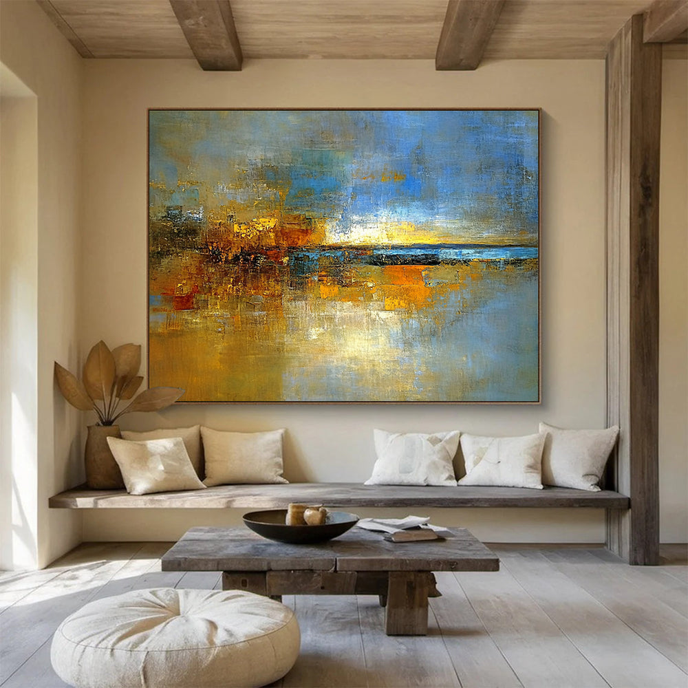 Hand-Painted Blue, Gold & Brown Textured Landscape Abstract Painting HPS271