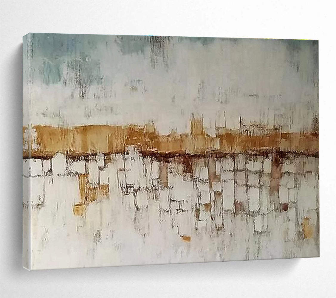 Hand-Painted Beige, Blue & White Textured Cityscape Abstract Painting HPS241