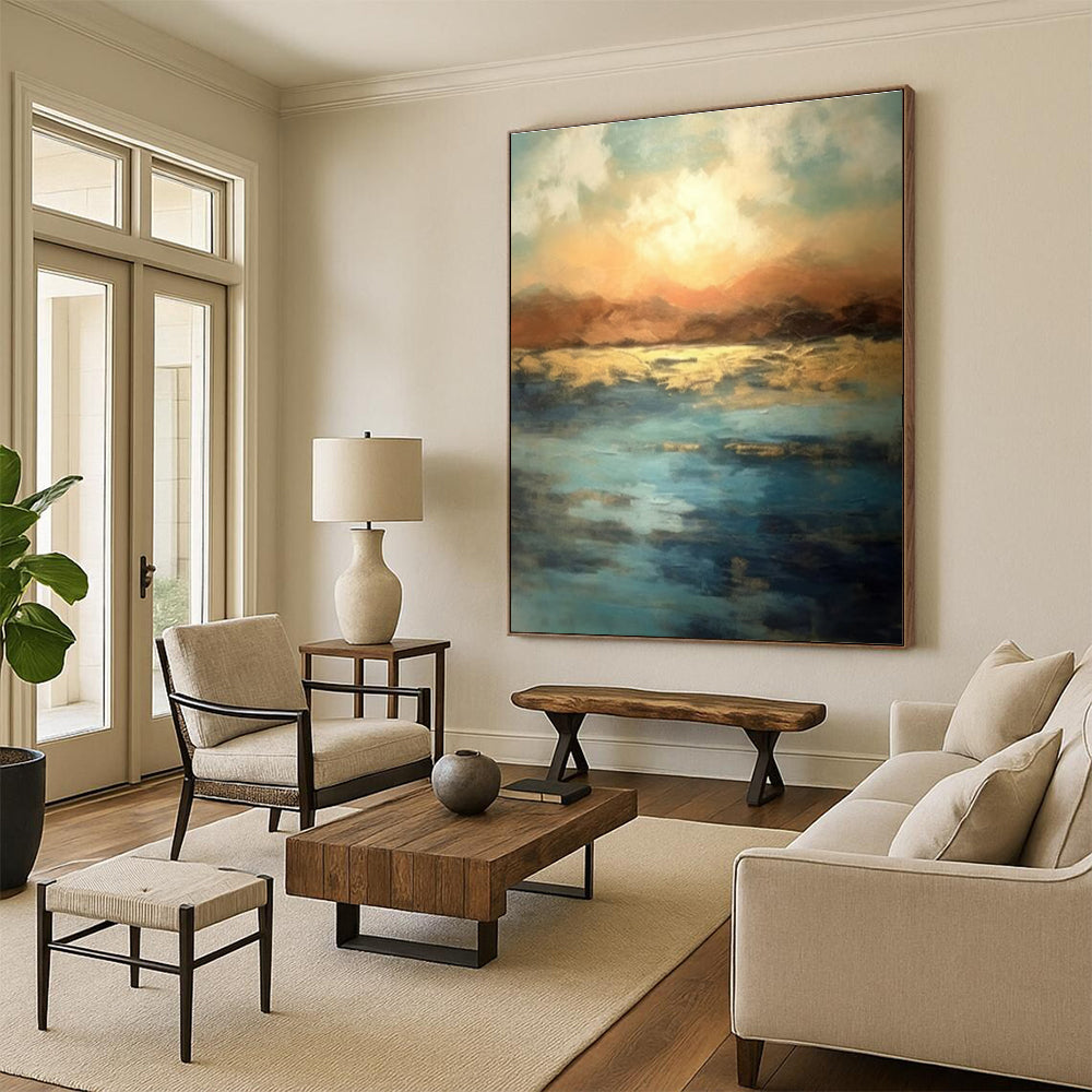 Large Painting In Living Room Colorful Abstract Sunset Over Water, Modern Art Acrylic DPS491