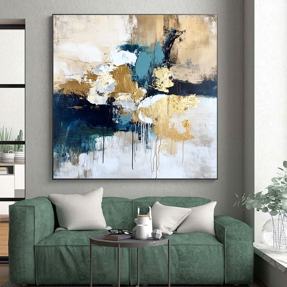 Abstract Canvas Wall Art Large, Gold Blue White Black Abstract Textured Art PT165