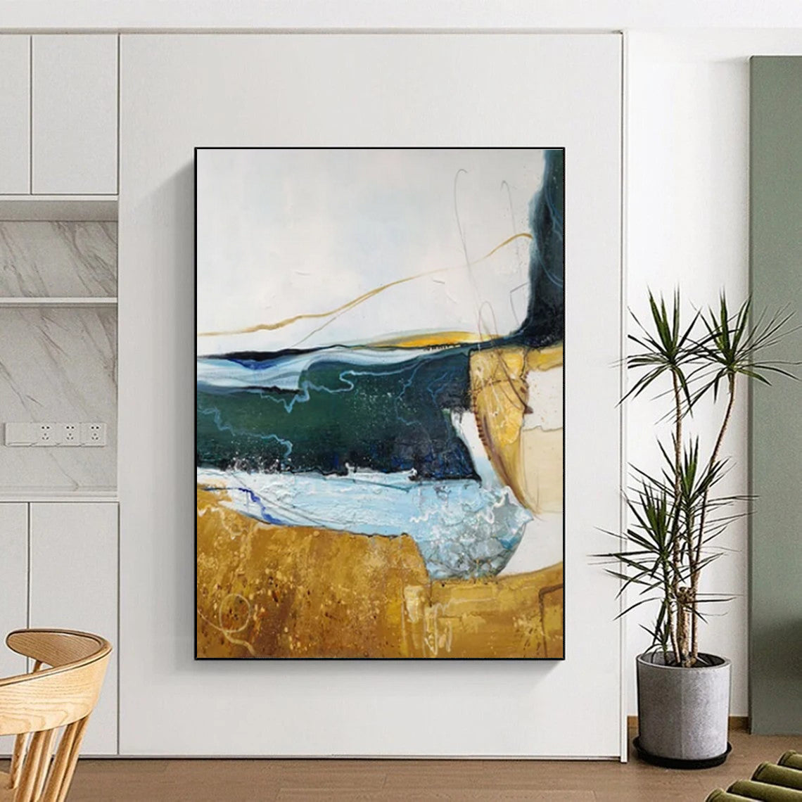 Hand Painting Blue, Green, and Gold Textured Landscape Abstract Art PT811