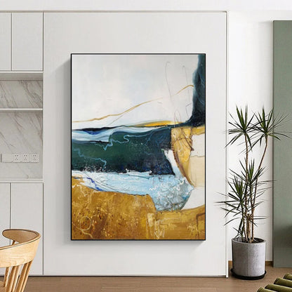 Hand Painting Blue, Green, and Gold Textured Landscape Abstract Art PT811