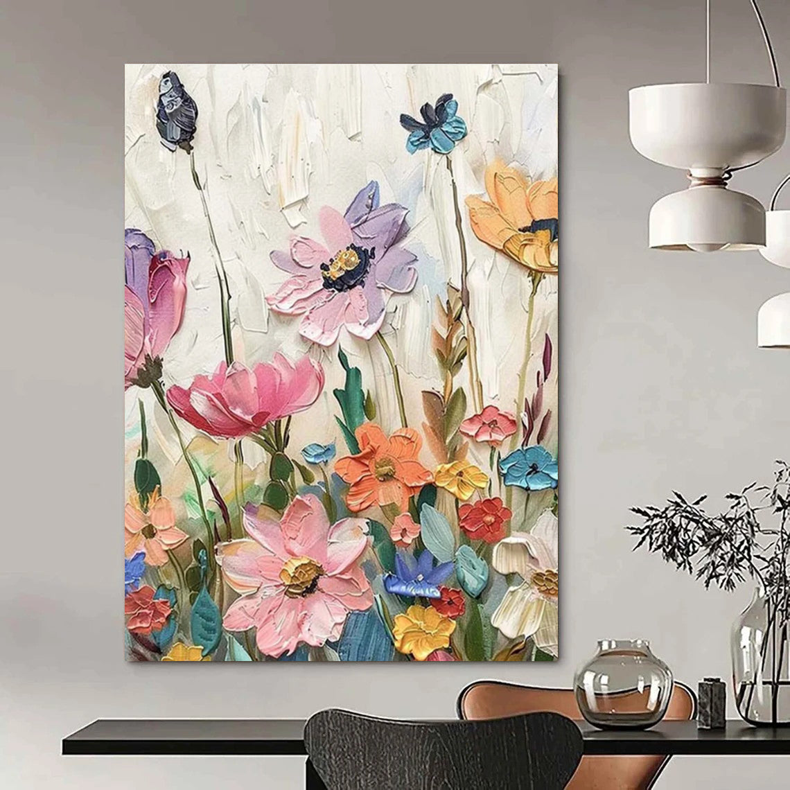 Hand Painted Art Colorful Floral with Bird Abstract Flower Painting DPS446