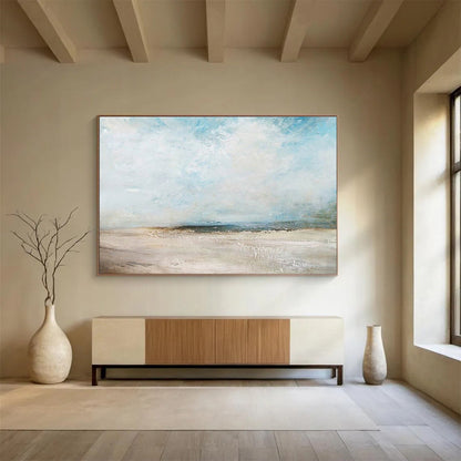 Oversized Abstract Wall Art Blue, Beige, and White Textured Abstract Seaside Art HPS387