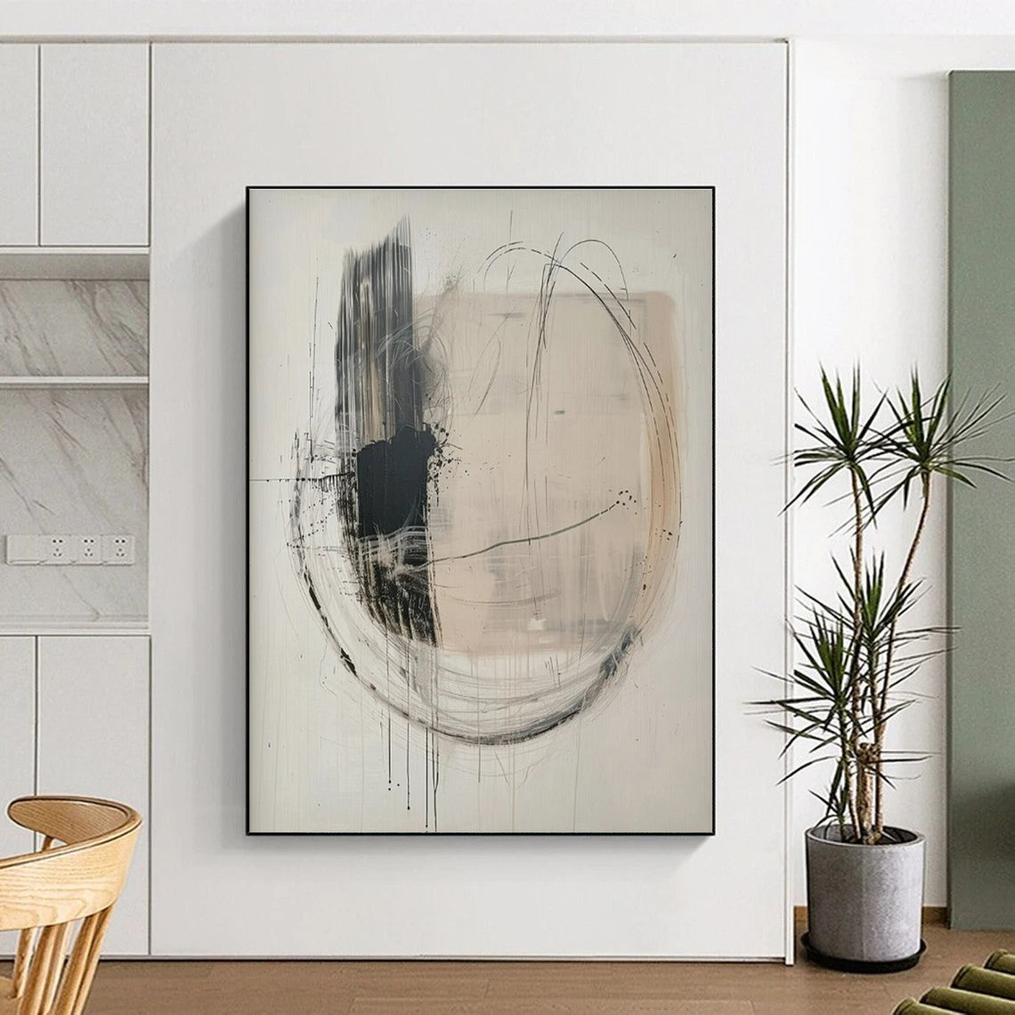 Hand Painting Black and Beige Circular Lines Abstract Acrylic Art PT621