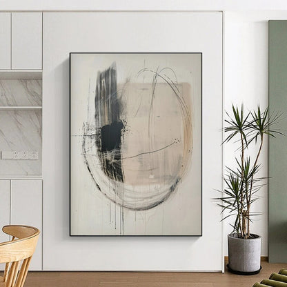 Hand Painting Black and Beige Circular Lines Abstract Acrylic Art PT621