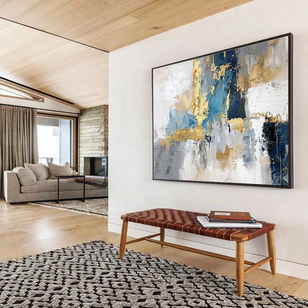 Hand-Painted Blue, Gray, and Gold Textured Abstract Art HPS371