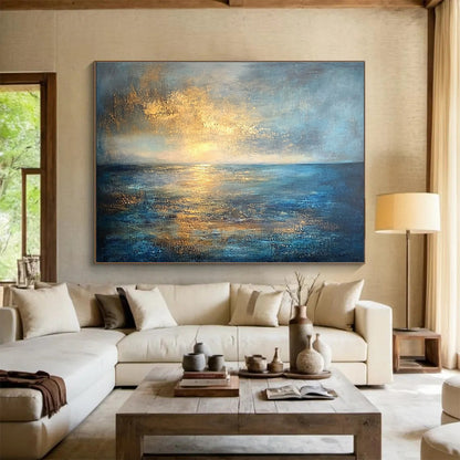 Modern Art Acrylic Blue, Gold & Gray Textured Coastal Abstract Painting HPS288