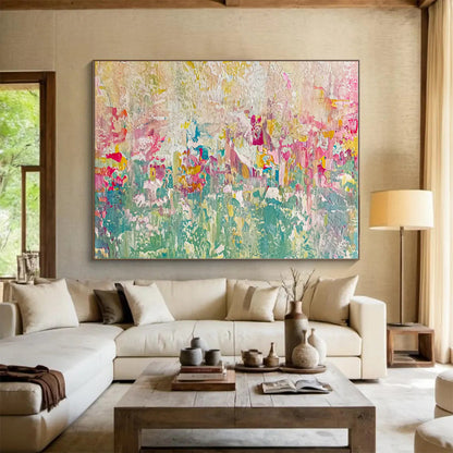 Cool Abstract Paintings Pink, Green, and Yellow Textured Abstract Art PT727