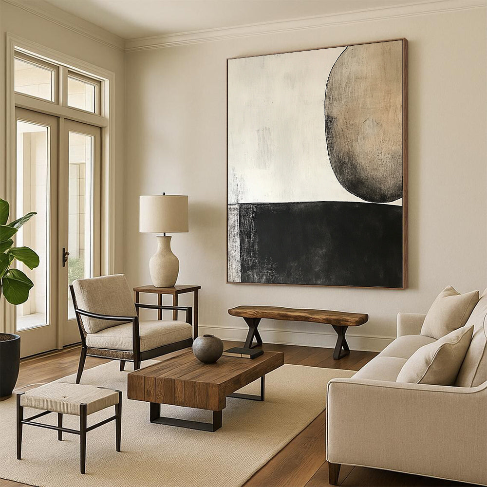 Abstract Canvas Wall Art Large, Black White Beige Abstract Minimalist Art PT155