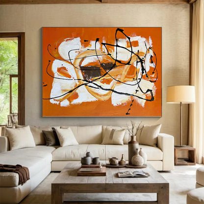Oversized Abstract Wall Art Orange, White & Black Textured Abstract Painting On Canvas PT050