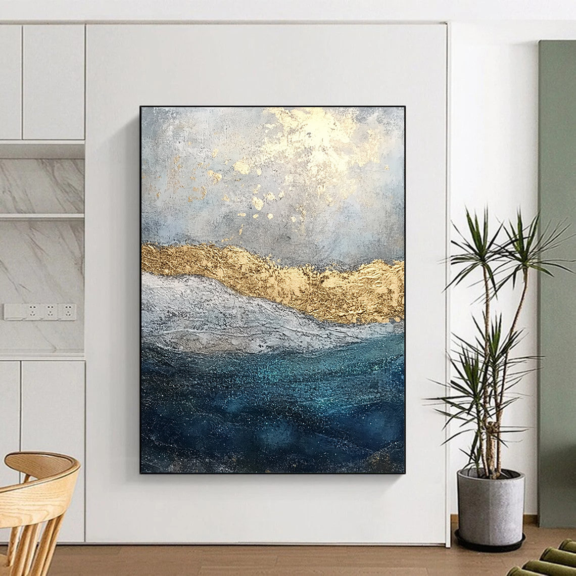 Original Large Abstract Paintings For Sale, Gold Blue Gray Abstract Textured Art PT172