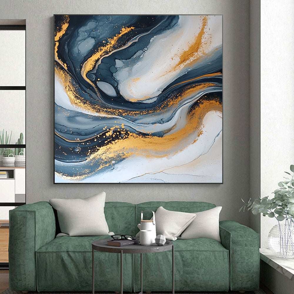 Handmade Art Blue, Gray & Gold Swirl Textured Abstract Painting On Canvas PT114