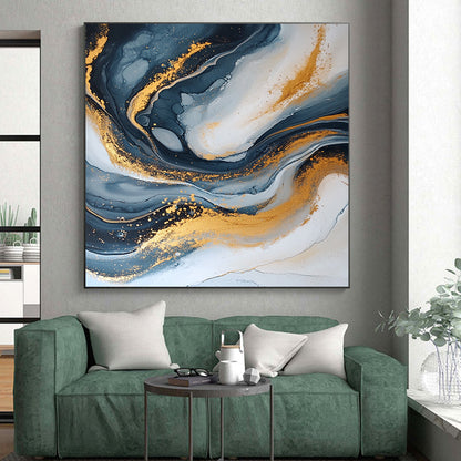 Handmade Art Blue, Gray & Gold Swirl Textured Abstract Painting On Canvas PT114
