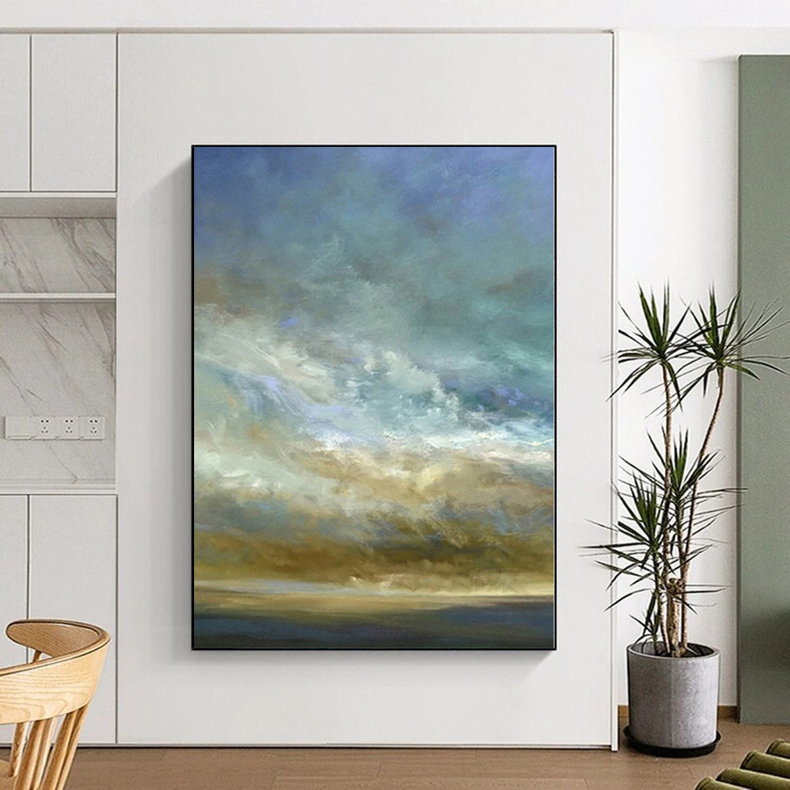 Hand-Painted Blue and Beige Sky and Horizon Abstract Landscape Painting DPS416