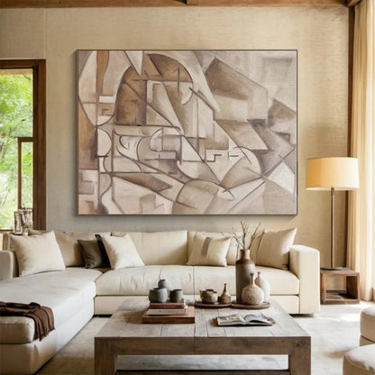 Large Contemporary Wall Art Beige Brown Cubist Abstract Acrylic Creation PT438