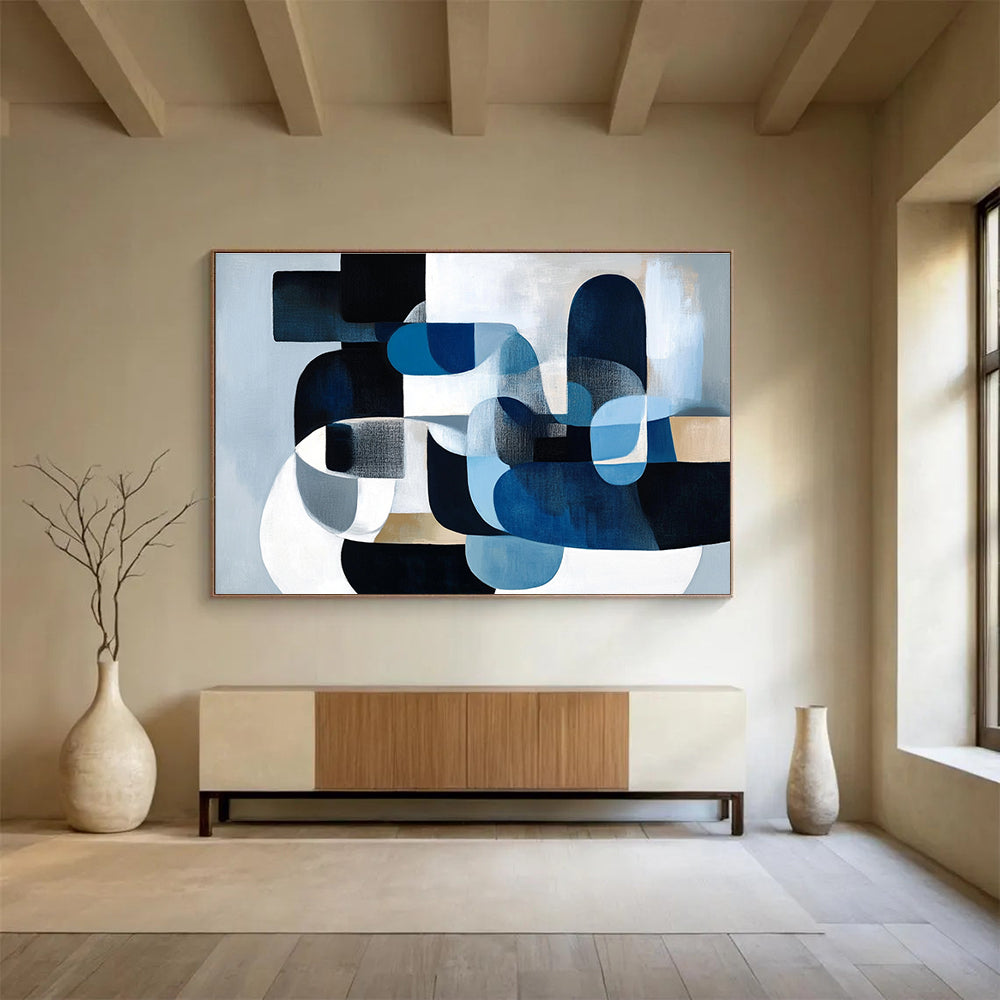 Large Size Blue, Black, White & Beige Geometric Abstract Painting HPS252