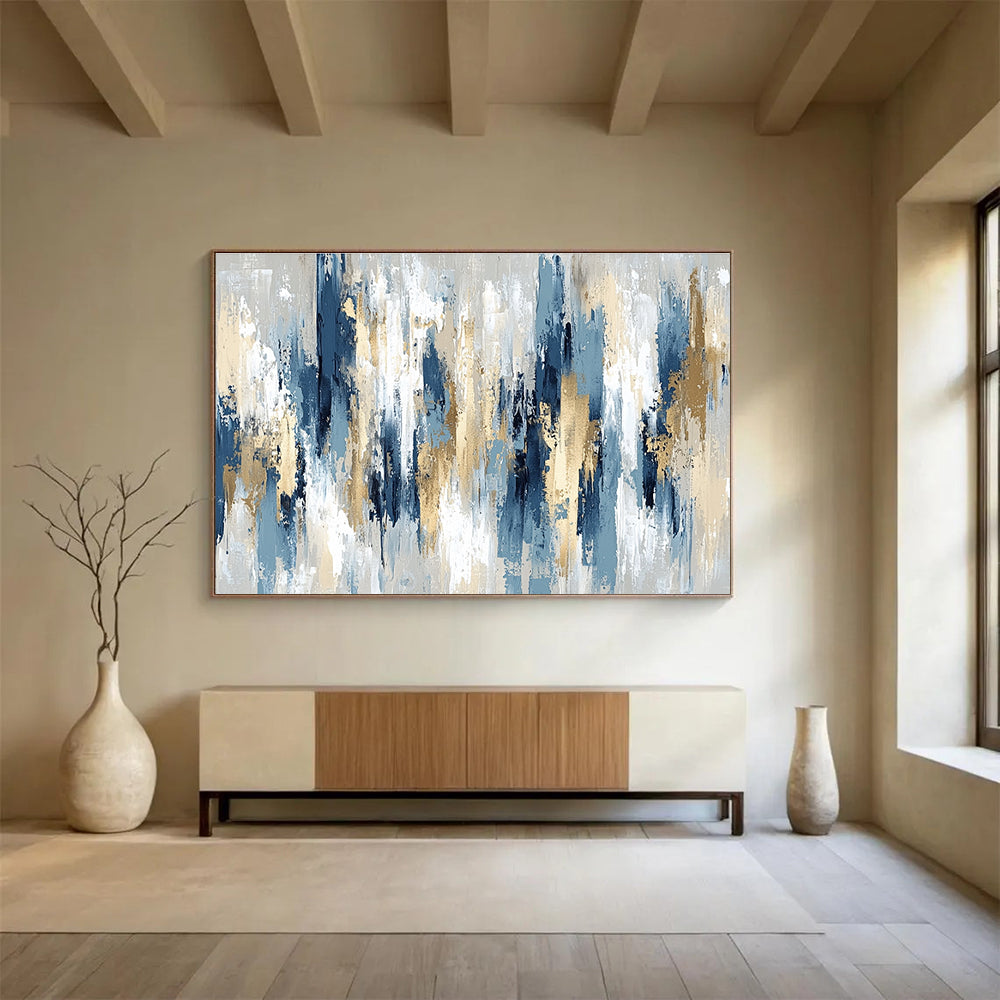 Oversized Abstract Wall Art Blue, Gold, Gray & White Textured Abstract Painting HPS294