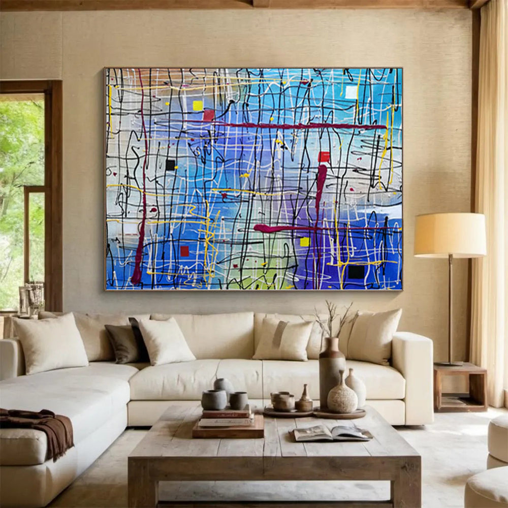 Modern Art Acrylic Blue & Multicolor Textured Abstract Painting On Canvas PT099