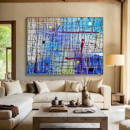 Modern Art Acrylic Blue & Multicolor Textured Abstract Painting On Canvas PT099