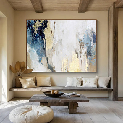 Acrylic Modern Art Paintings Blue, White & Gold Textured Abstract On Canvas HPS042