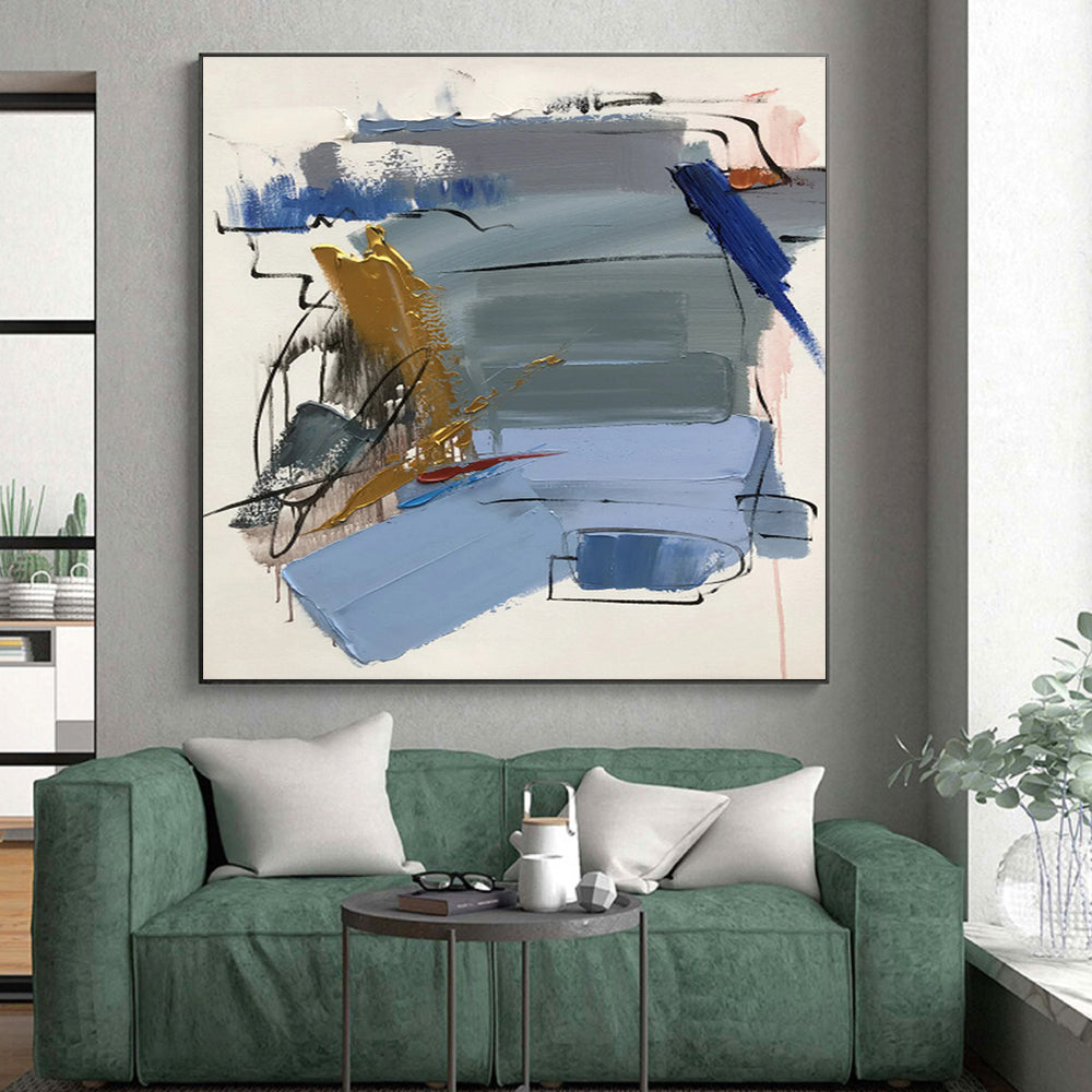 Unique Abstract Art Blue Gray Gold Abstract Composition Acrylic Painting PT471