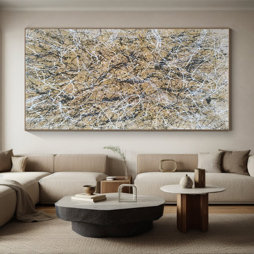 Big Painting Beige and Black Tangled Lines Abstract Art PT617