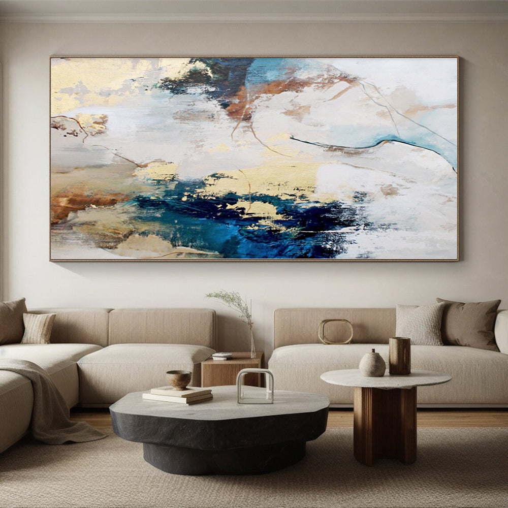 Hand-Painted Blue, Beige, and Gold Abstract Art with Dynamic Brushstrokes PT011