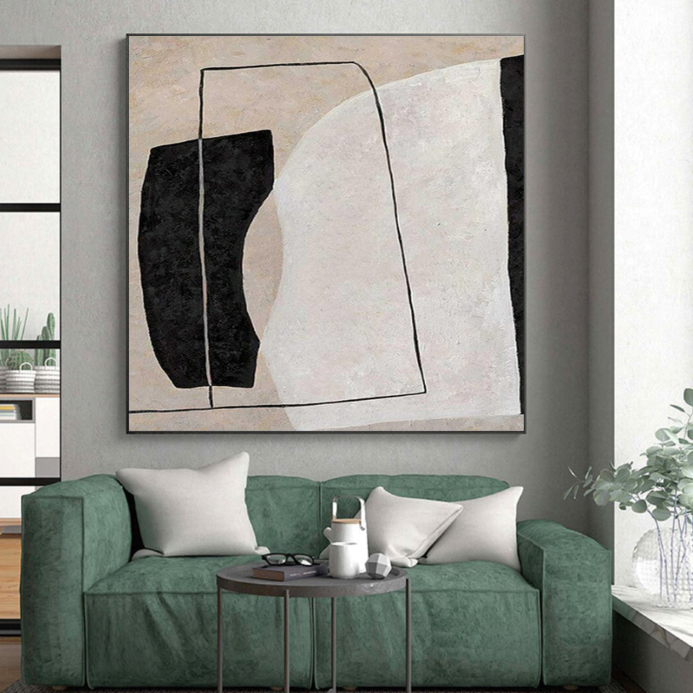 Hand-Painted Black, Beige, and White Geometric Abstract Art PT692