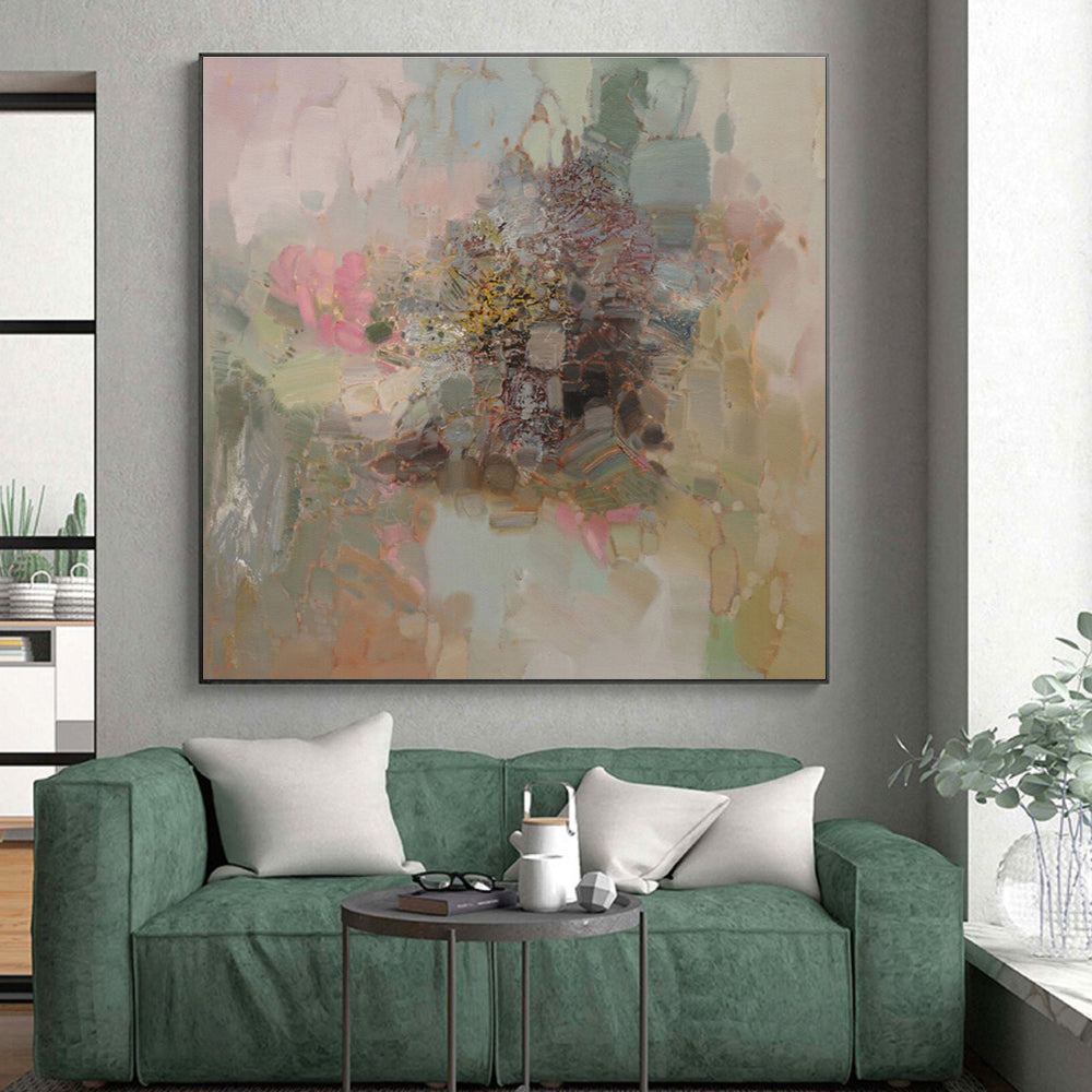 Cool Abstract Paintings Pink, Green, and Beige Floral Abstract Art PT714