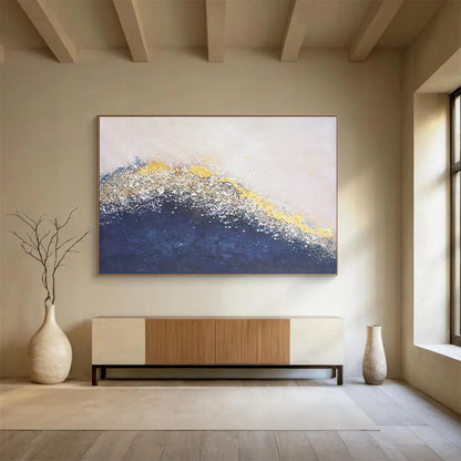 Hand Painted Art Navy Blue, Gold & White Textured Wave Abstract Painting HPS234