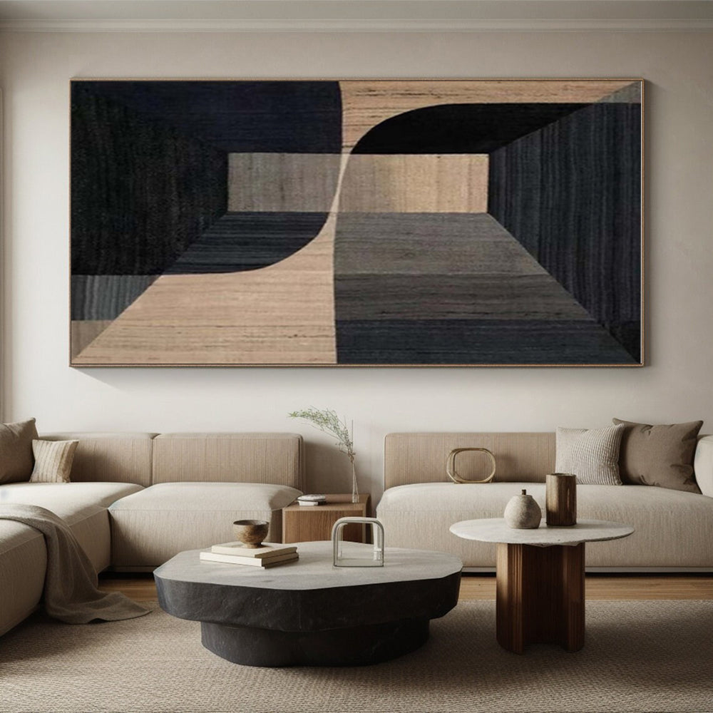 Unique Abstract Art in Black and Beige Geometric 3D Design, Handmade Art Piece PT328