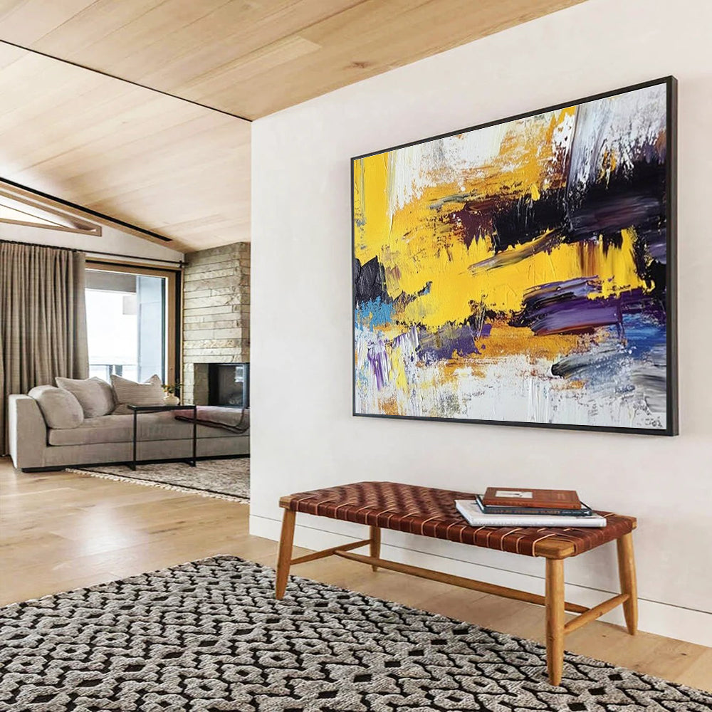 Acrylic Modern Art Paintings Yellow, Black, Purple & White Dynamic Abstract Art HPS236