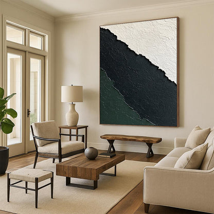 Large Abstract Painting For Living Room With Black, White, Dark Green Textured Layers On Canvas PT181