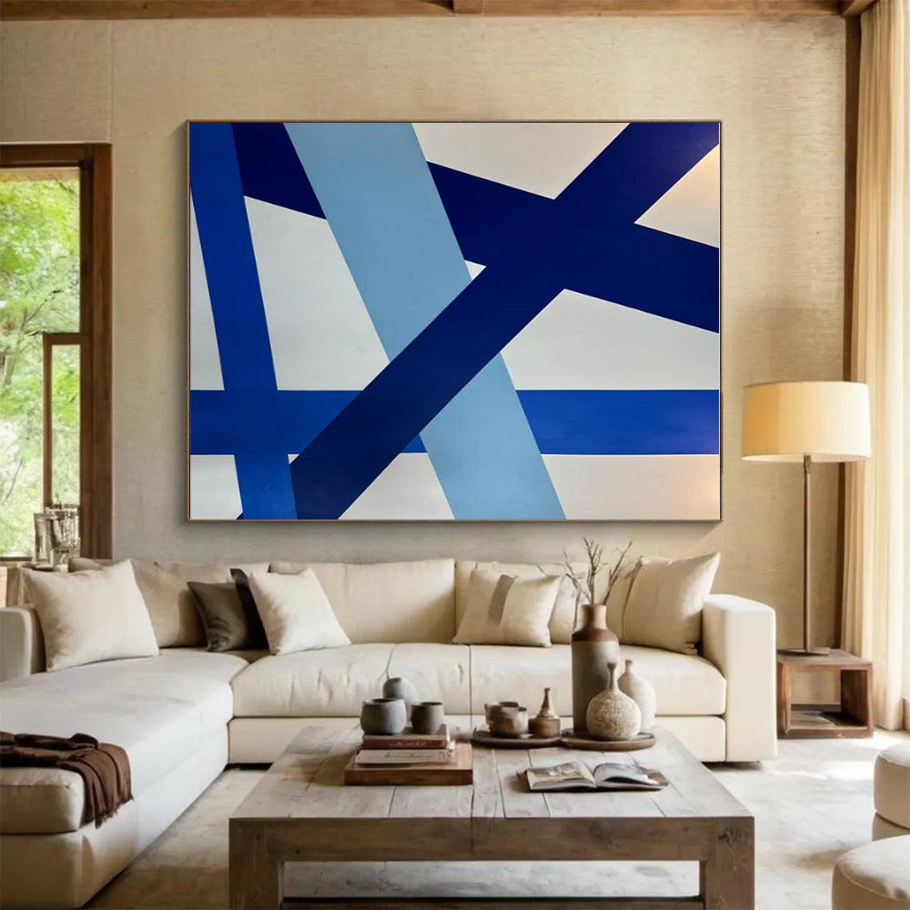 Large Size Blue and White Geometric Abstract Acrylic Painting PT642