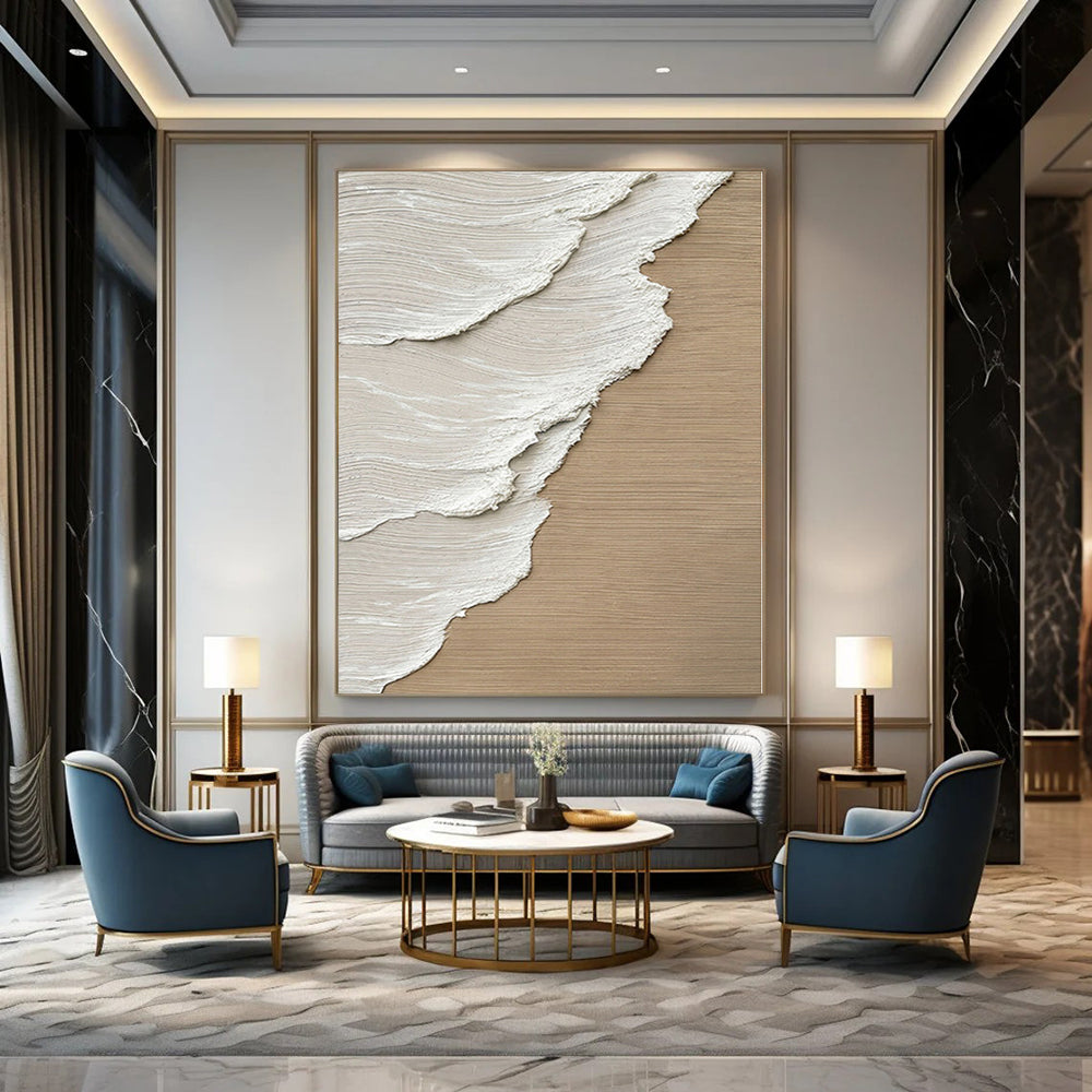Large Contemporary Wall Art Beige and White Textured Abstract Wave Painting DPS424
