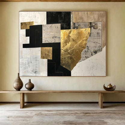 Large Contemporary Wall Art Black, White, and Gold Textured Abstract Geometric Art HPS396