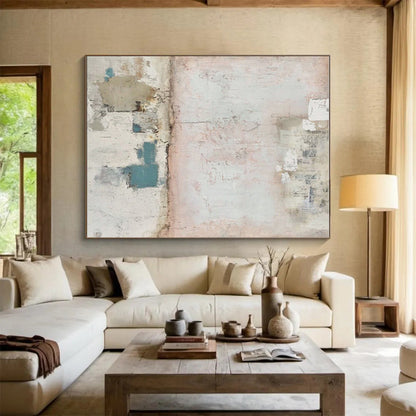 Cool Abstract Paintings in Pink, Beige, Blue, and Gray Textured Design, Hand-Painted Acrylic Art PT307