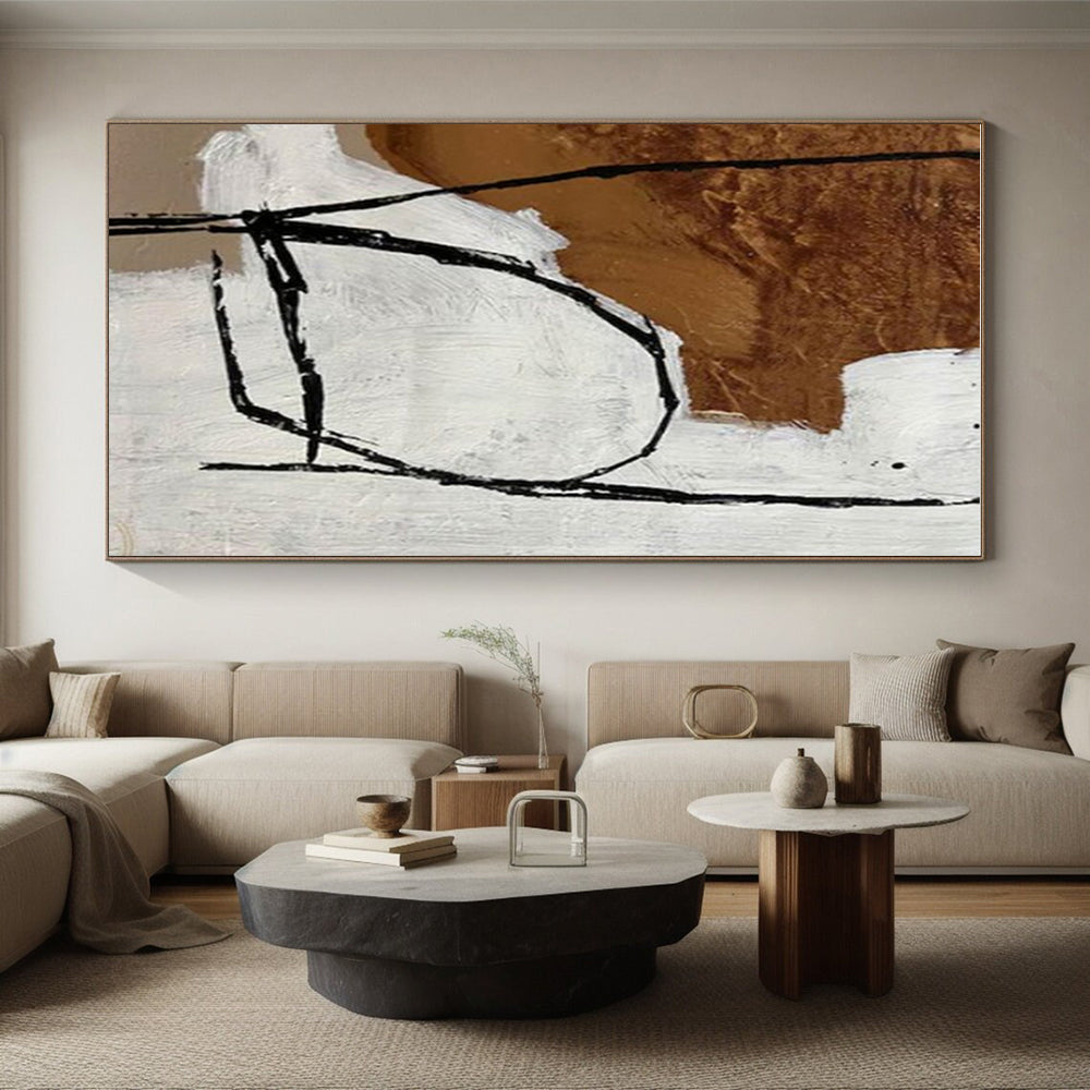 Handmade Art Black, White, and Brown Linear Abstract Art PT687