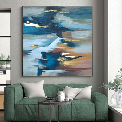 Large Contemporary Wall Art Blue, Brown, and Gold Abstract Art PT652