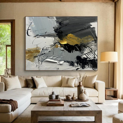 Large Size Gray Black Gold Abstract Expressionist Acrylic Painting PT466