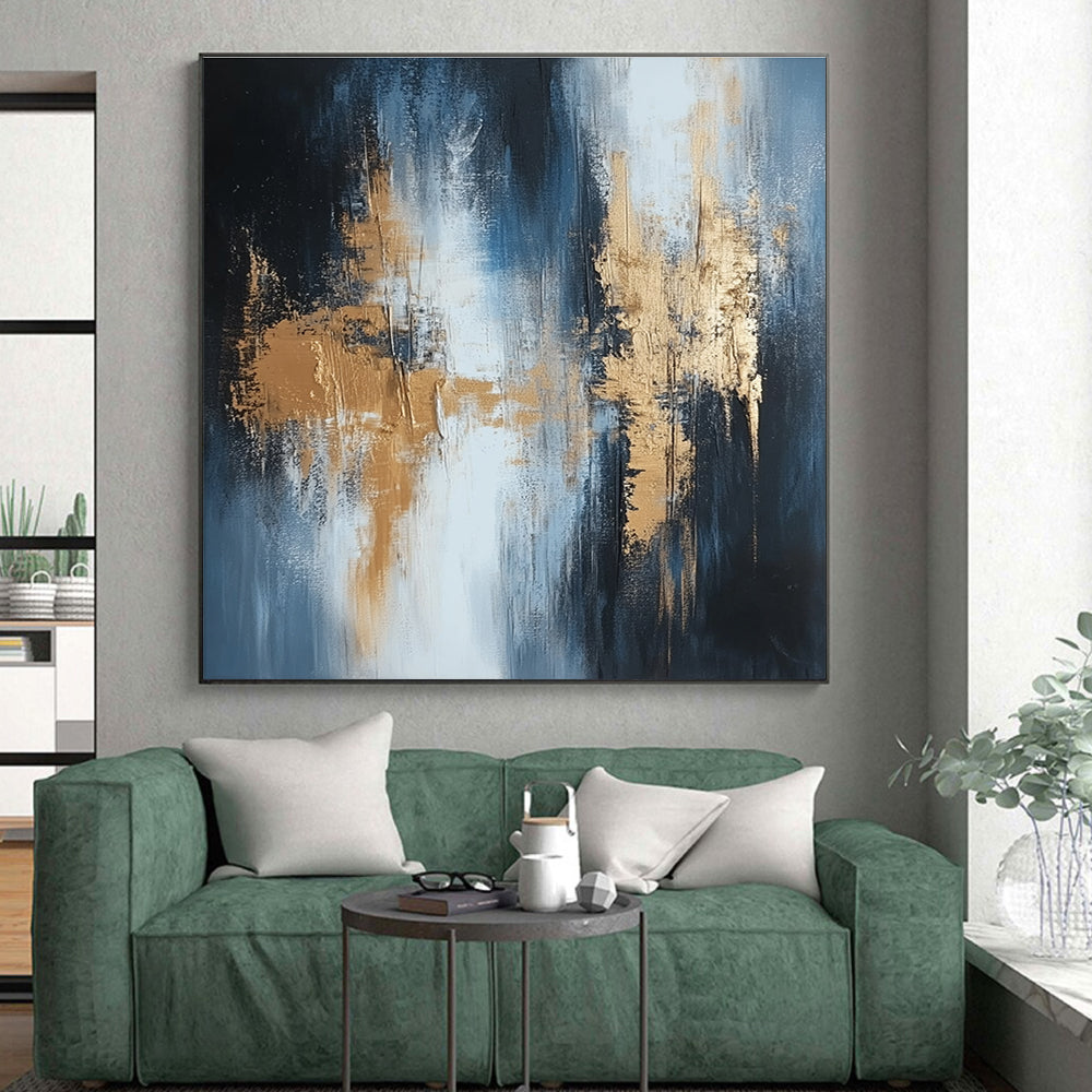 Unique Abstract Art Blue, Gold & Gray Textured Abstract Painting On Canvas PT115