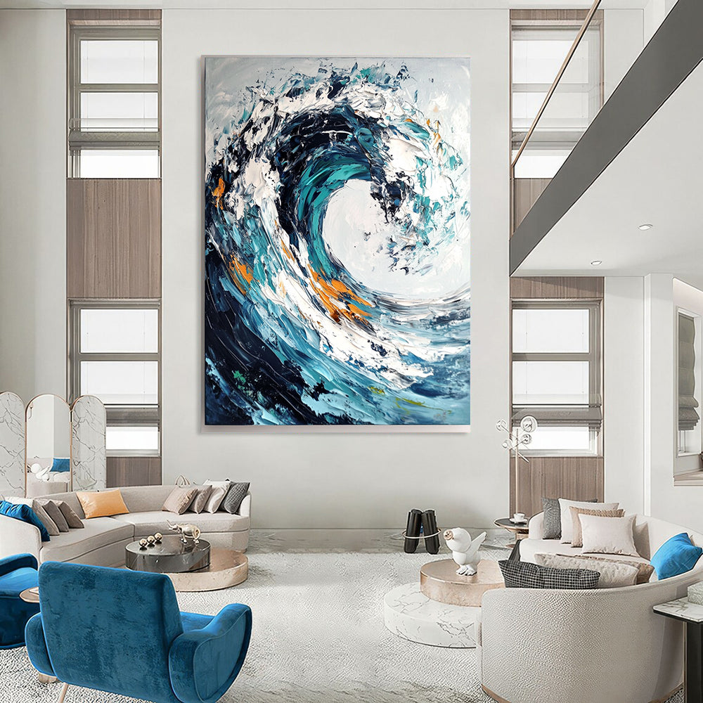 Cool Abstract Paintings Blue, White, and Orange Abstract Wave Painting DPS432
