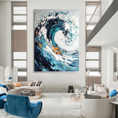 Cool Abstract Paintings Blue, White, and Orange Abstract Wave Painting DPS432