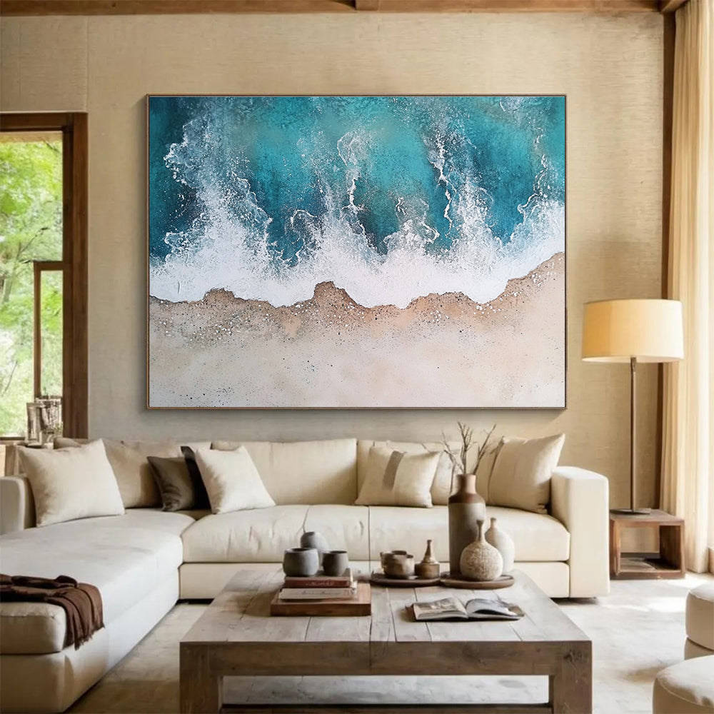 Unique Abstract Art Teal, White & Beige Textured Coastal Abstract Painting HPS290