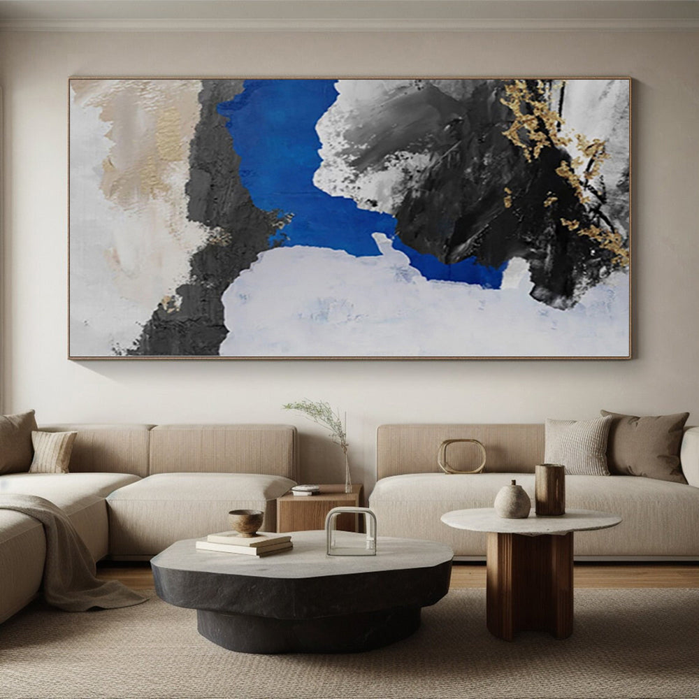 Hand Painting Black, White, Blue & Gold Textured Abstract Painting On Canvas PT052