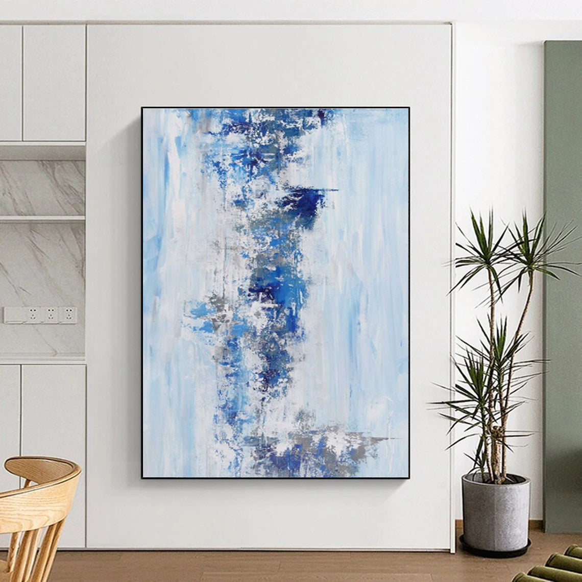 Large Size Abstract Art in Shades of Blue and Gray, Hand-Painted Acrylic Modern Art PT294