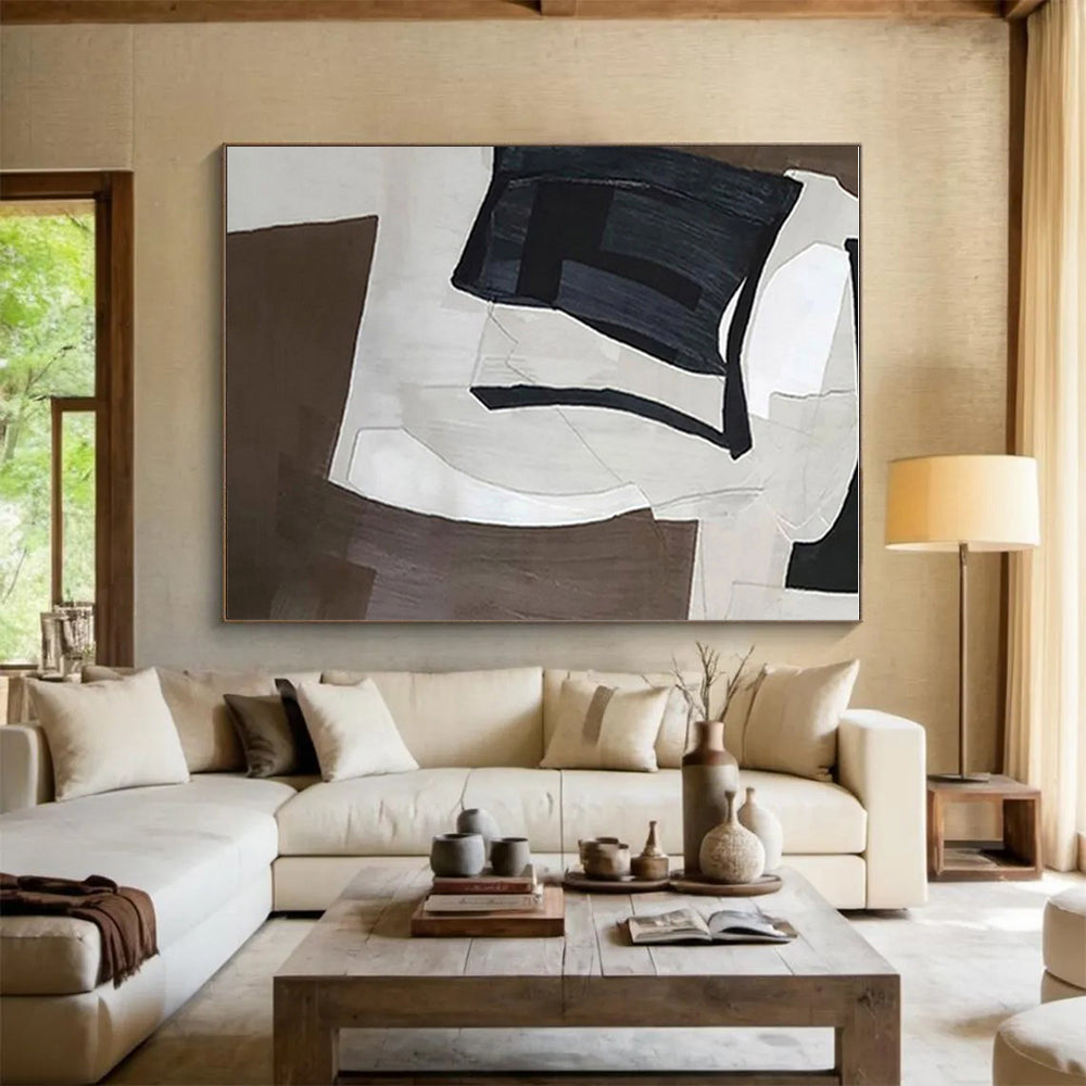 Minimalist Canvas Art Brown Black White Geometric Abstract Artwork PT493