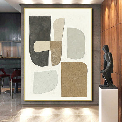 Wall Decor Abstract Paintings Large With Beige, Gray, Brown Geometric Shapes On Canvas PT186